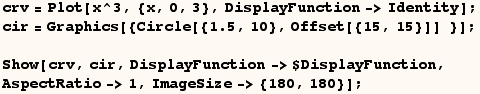 crv = Plot[x^3, {x, 0, 3}, DisplayFunction->Identity] ; RowBox[{RowBox[{RowBox[{cir, =, Row ...  cir, DisplayFunction->$DisplayFunction, <br />AspectRatio->1, ImageSize-> {180, 180}] ; 