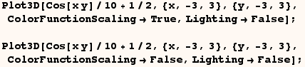 Plot3D[Cos[x y]/10 + 1/2, {x, -3, 3}, {y, -3, 3}, ColorFunctionScalingTrue, Li ...  1/2, {x, -3, 3}, {y, -3, 3}, ColorFunctionScalingFalse, LightingFalse] ; 
