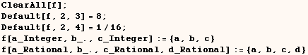 ClearAll[f] ; Default[f, 2, 3] = 8 ; Default[f, 2, 4] = 1/16 ; f[a_Integer, b_., c_Integer] := {a, b, c} f[a_Rational, b_., c_Rational, d_Rational] := {a, b, c, d} 