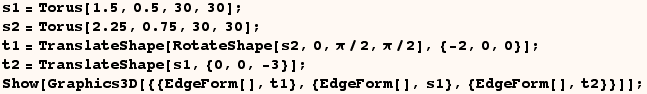 RowBox[{RowBox[{s1, =, RowBox[{Torus, [, RowBox[{1.5, ,, 0.5, ,, 30, ,, 30}], ]}]}], ;}] RowBo ... hape[s1, {0, 0, -3}] ; Show[Graphics3D[{{EdgeForm[], t1}, {EdgeForm[], s1}, {EdgeForm[], t2}}]] ; 
