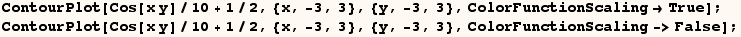 ContourPlot[Cos[x y]/10 + 1/2, {x, -3, 3}, {y, -3, 3}, ColorFunctionScalingTrue] ; ContourPlot[Cos[x y]/10 + 1/2, {x, -3, 3}, {y, -3, 3}, ColorFunctionScaling->False] ; 