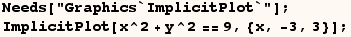 Needs["Graphics`ImplicitPlot`"] ; ImplicitPlot[x^2 + y^2 == 9, {x, -3, 3}] ; 