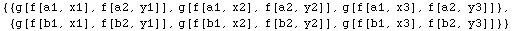{{g[f[a1, x1], f[a2, y1]], g[f[a1, x2], f[a2, y2]], g[f[a1, x3], f[a2, y3]]}, {g[f[b1, x1], f[b2, y1]], g[f[b1, x2], f[b2, y2]], g[f[b1, x3], f[b2, y3]]}}