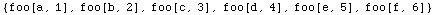 {foo[a, 1], foo[b, 2], foo[c, 3], foo[d, 4], foo[e, 5], foo[f, 6]}