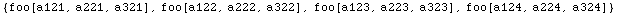 {foo[a121, a221, a321], foo[a122, a222, a322], foo[a123, a223, a323], foo[a124, a224, a324]}