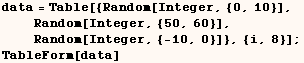 data = Table[{Random[Integer, {0, 10}],       Random[Integer, {50, 60}],       Random[Integer, {-10, 0}]}, {i, 8}] ;    TableForm[data] 